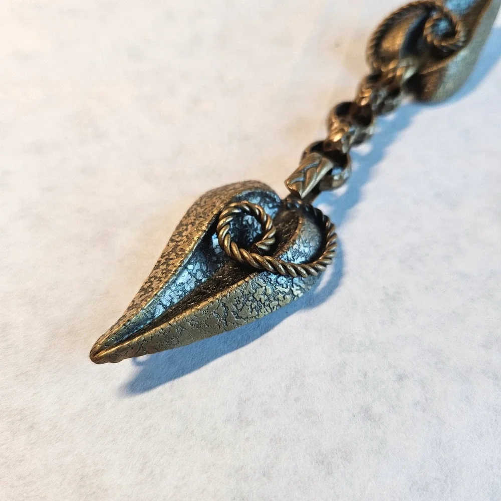 Vtg Bronze Leaf Hammered Chain Cloak Jacket Clasp Fastener Clip Hook Handmade